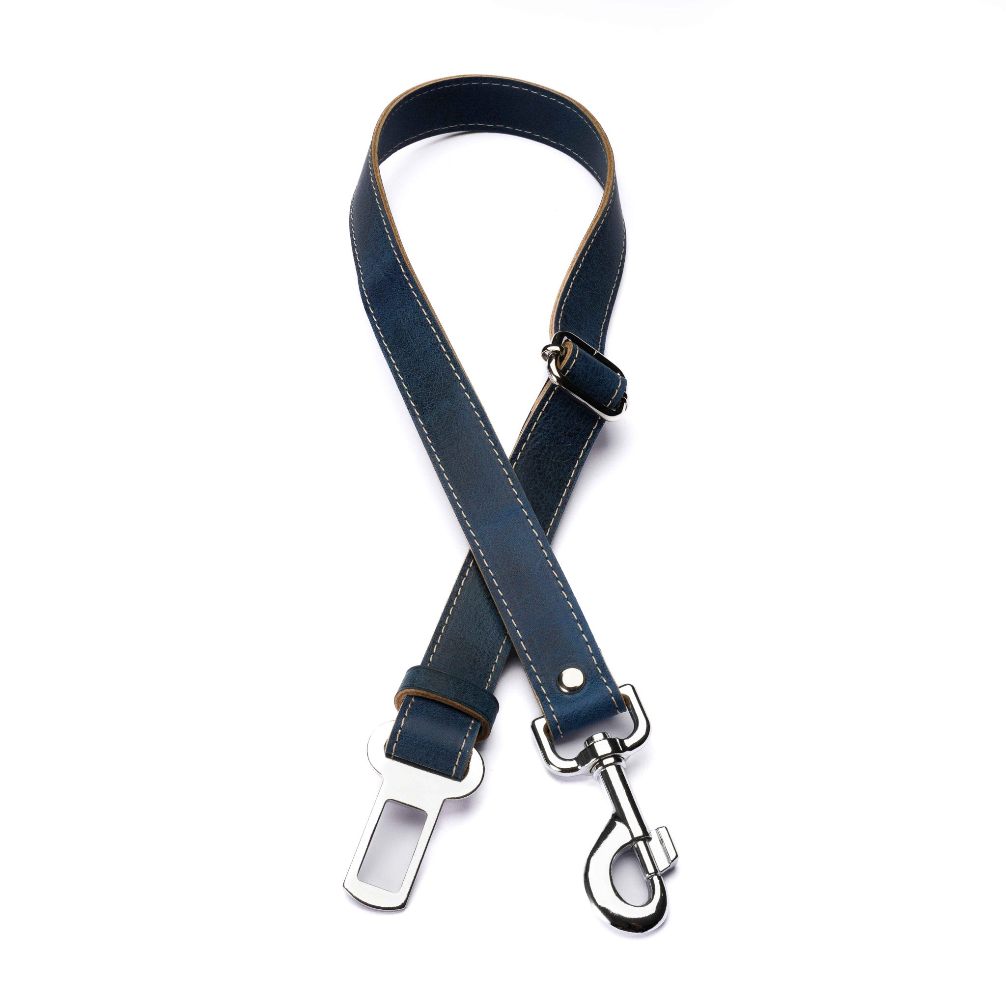 Blue Leather Dog Seatbelt – Adjustable Car Safety Tether