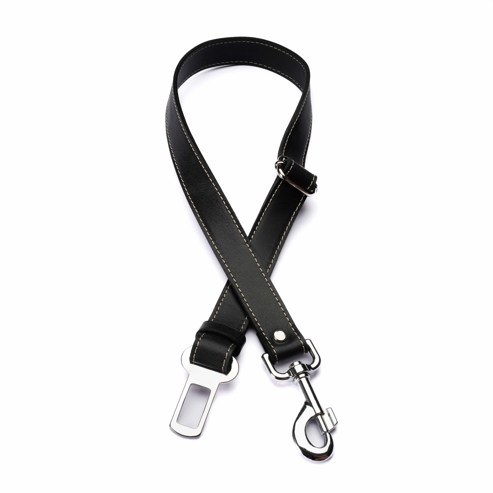 Black Leather Dog Seatbelt – Adjustable Car Safety Tether