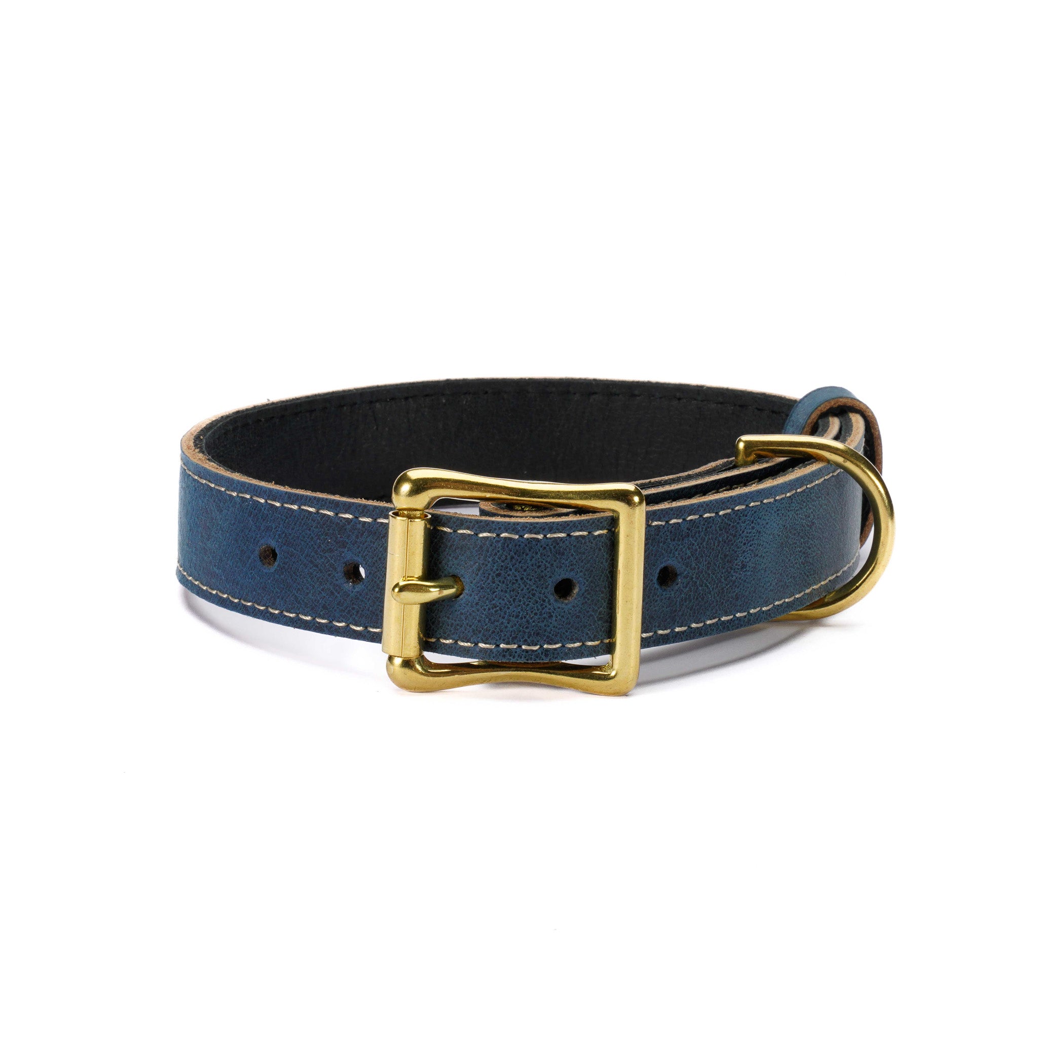 Blue Leather Dog Collar – Handmade with Solid Brass Hardware