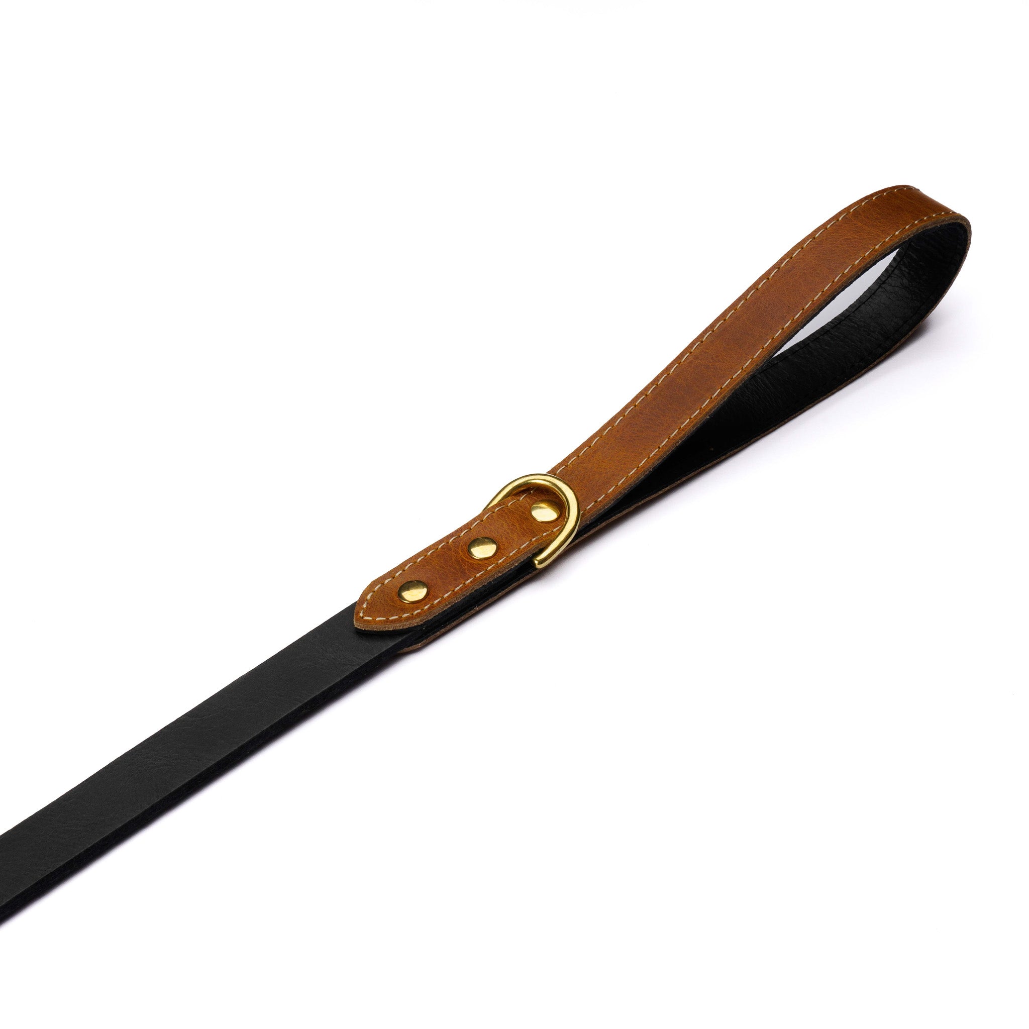Chestnut Leather Dog Leash – Handmade with Black Lead & Brass Hardware