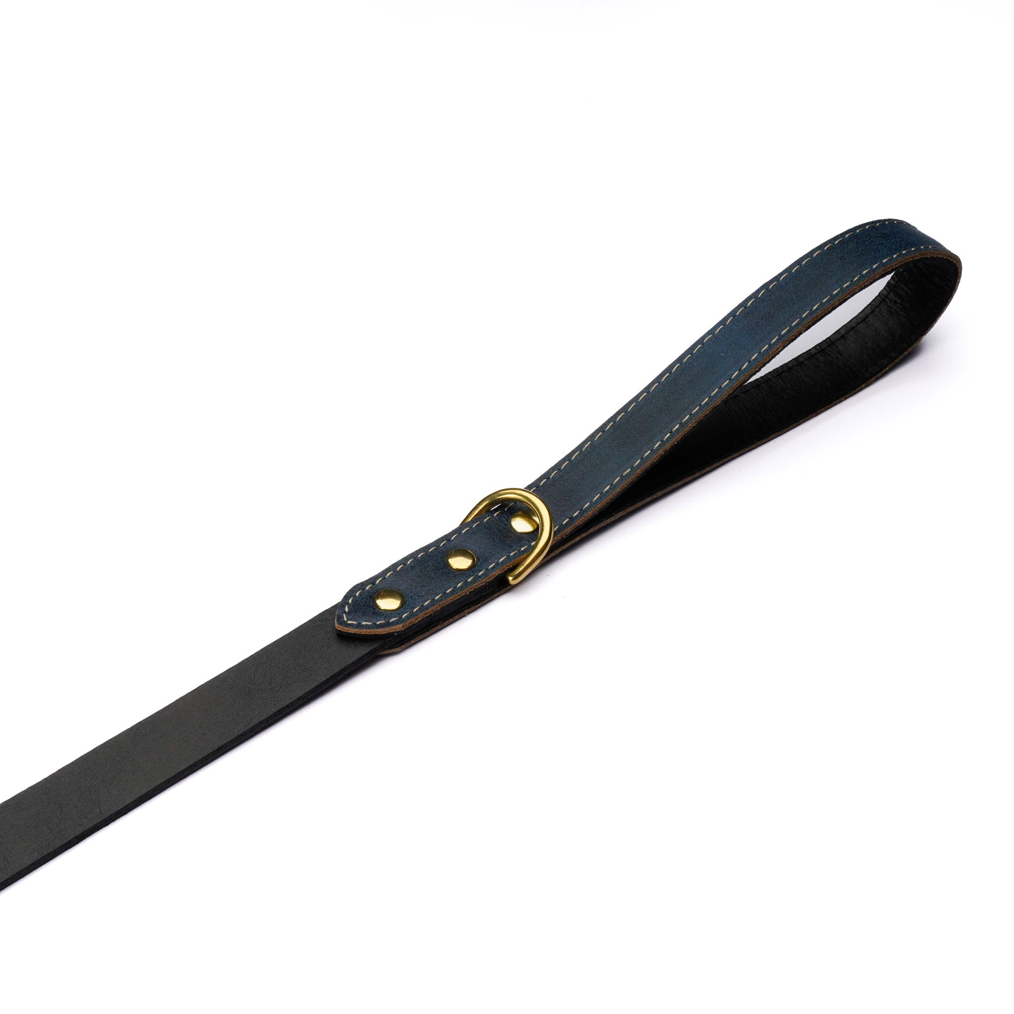 Blue Leather Dog Leash – Handmade with Black Lead & Brass Hardware