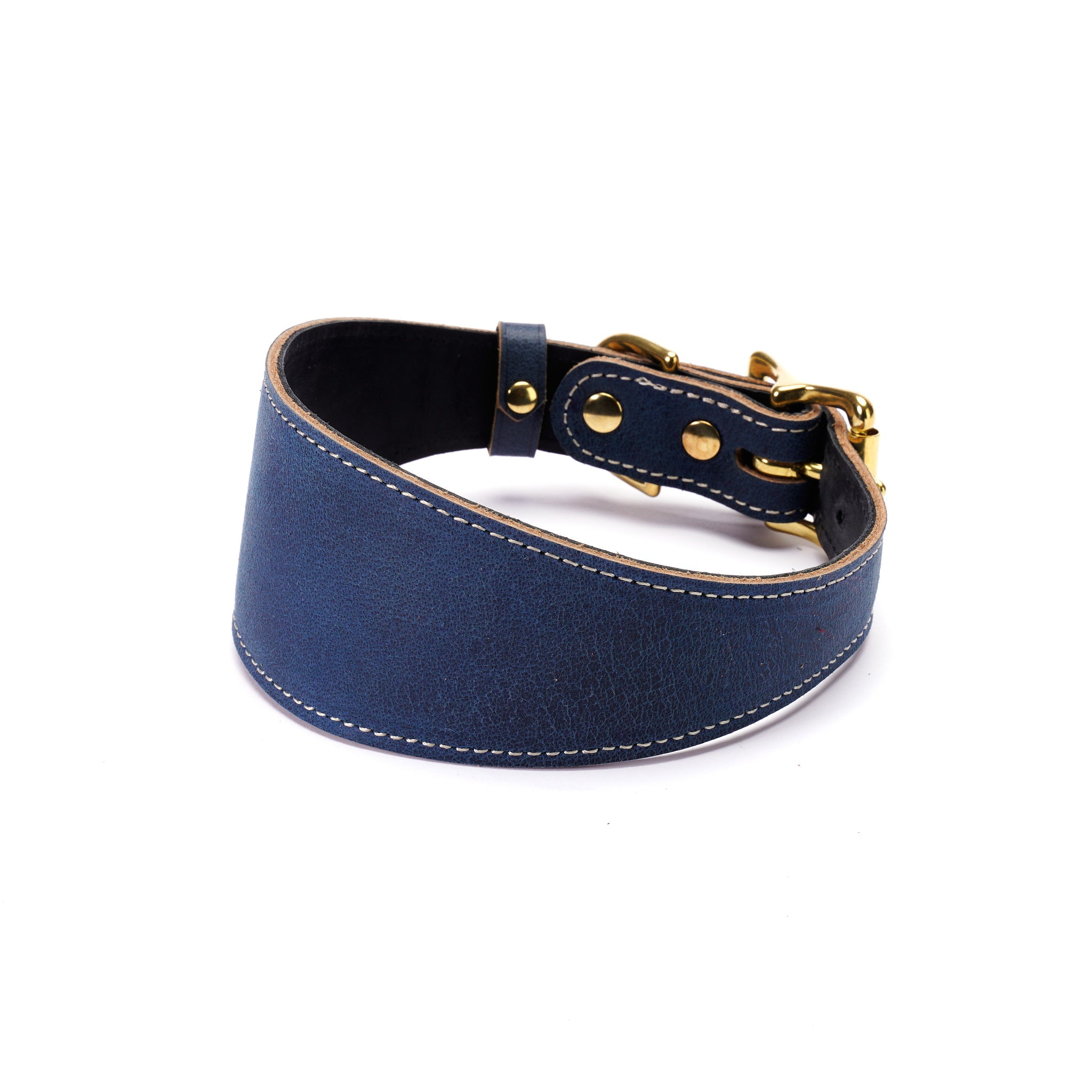Blue Leather Greyhound Collar – Wide Handmade Dog Collar for Whippets & Sighthounds