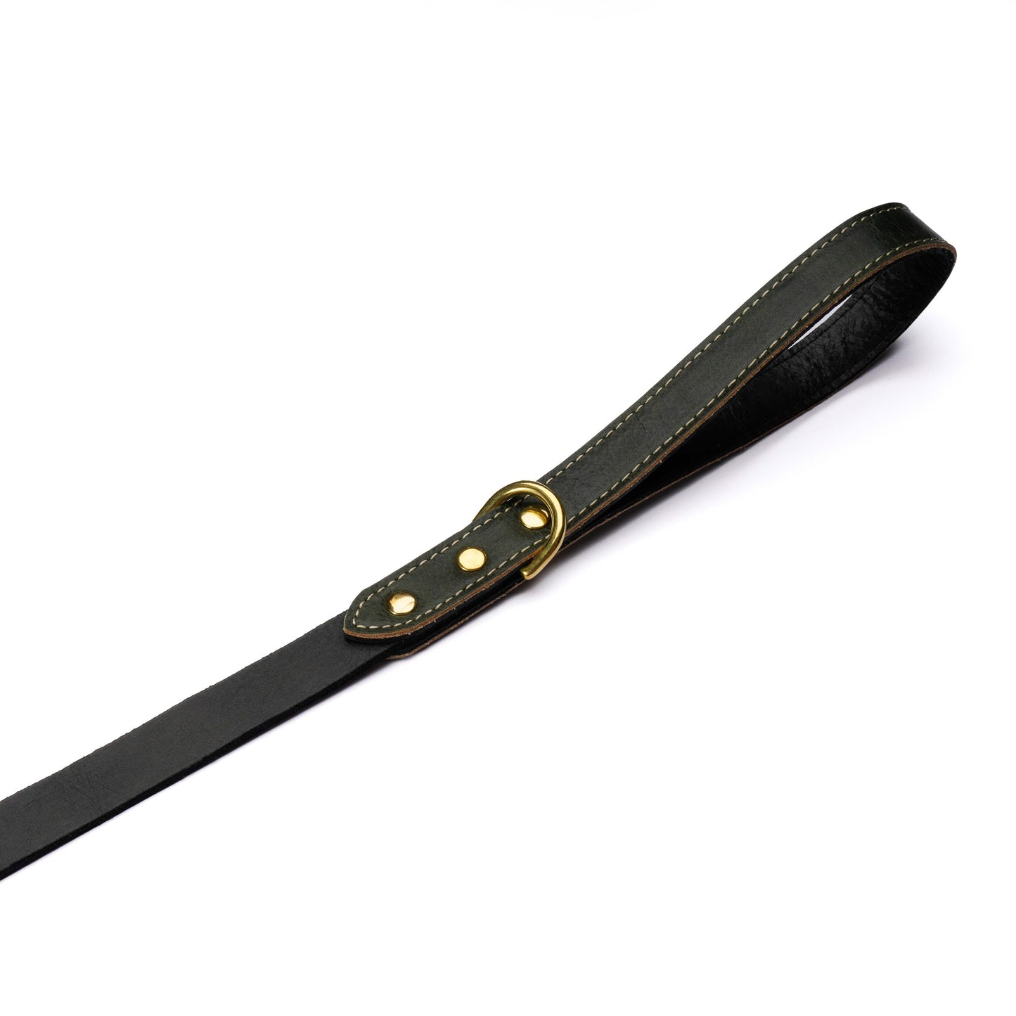 Green Leather Dog Leash – Handmade with Black Lead & Brass Hardware