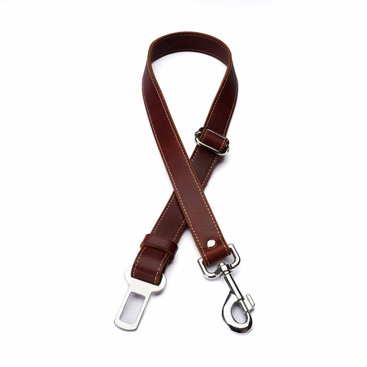 Burgundy Leather Dog Seatbelt – Adjustable Car Safety Tether