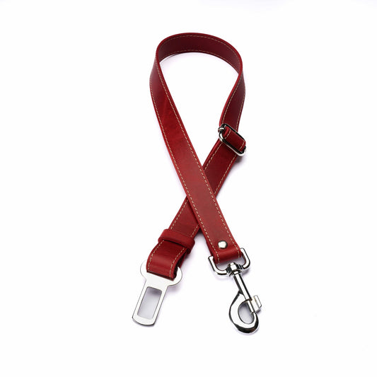 Red Leather Dog Seatbelt – Adjustable Car Safety Tether