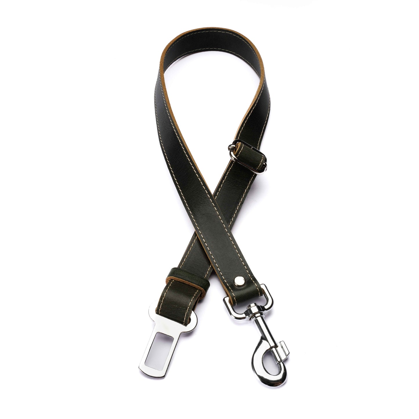 Green Leather Dog Seatbelt – Adjustable Car Safety Tether