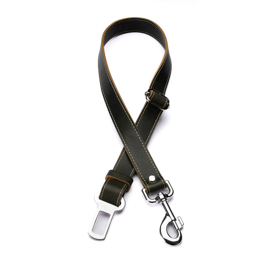 Green Leather Dog Seatbelt – Adjustable Car Safety Tether