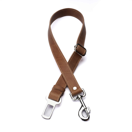 Tan Leather Dog Seatbelt – Adjustable Car Safety Tether