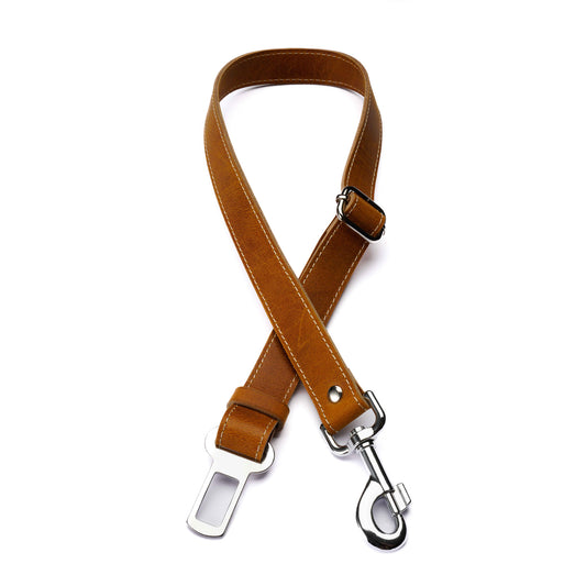 Chestnut Leather Dog Seatbelt – Adjustable Car Safety Tether