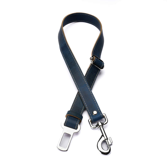Blue Leather Dog Seatbelt – Adjustable Car Safety Tether