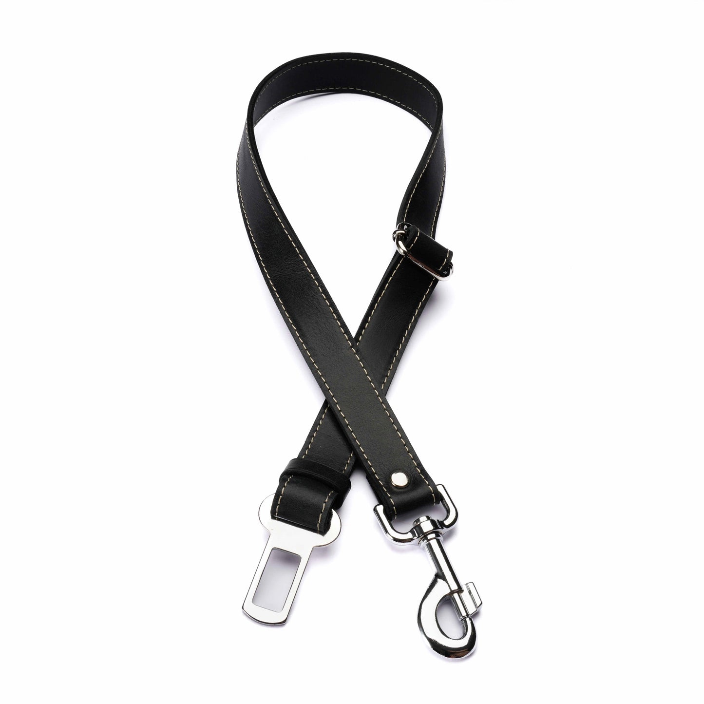 Black Leather Dog Seatbelt – Adjustable Car Safety Tether