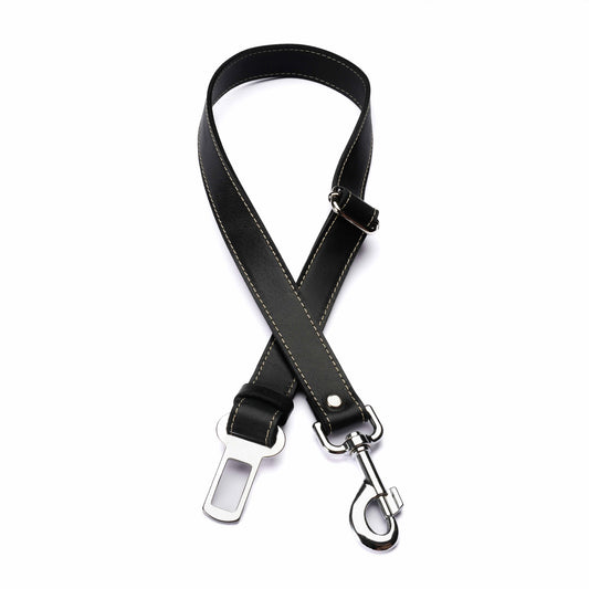 Black Leather Dog Seatbelt – Adjustable Car Safety Tether