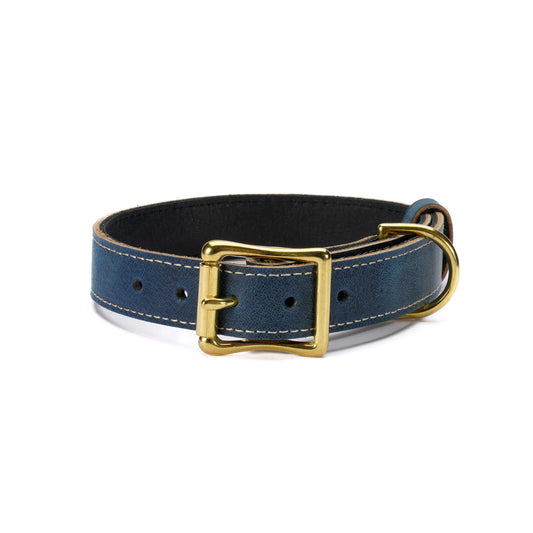 Blue Leather Dog Collar – Handmade with Solid Brass Hardware