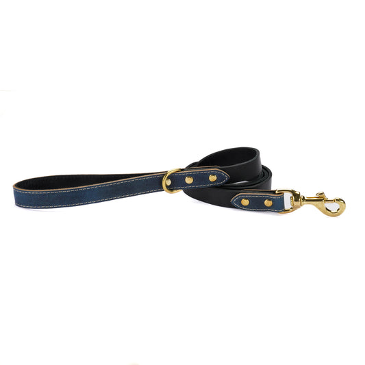 Blue Leather Dog Leash – Handmade with Black Lead & Brass Hardware