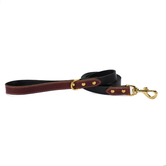 Burgundy Leather Dog Leash – Handmade with Black Lead & Brass Hardware