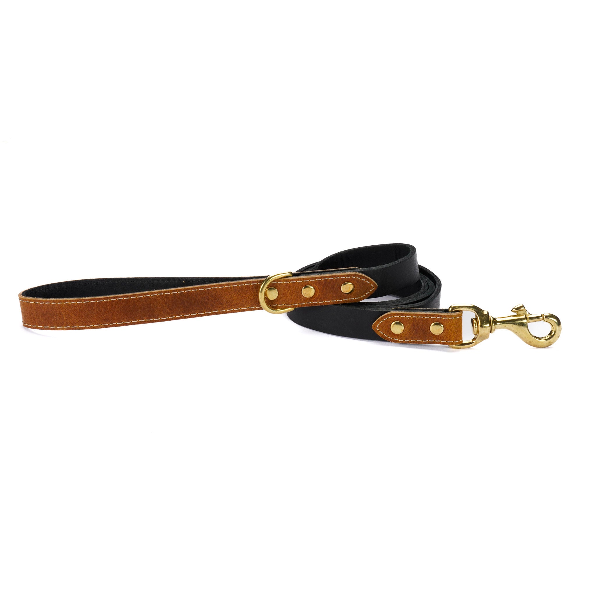 Chestnut Leather Dog Leash – Handmade with Black Lead & Brass Hardware