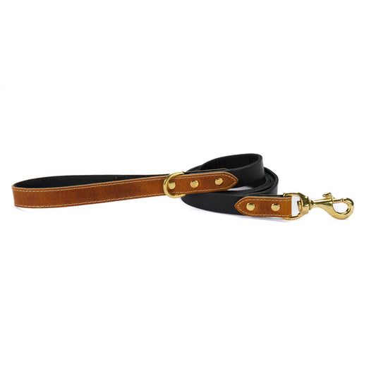 Chestnut Leather Dog Leash – Handmade with Black Lead & Brass Hardware