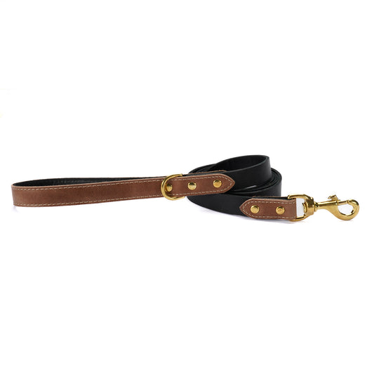 Tan Leather Dog Leash – Handmade with Black Lead & Brass Hardware