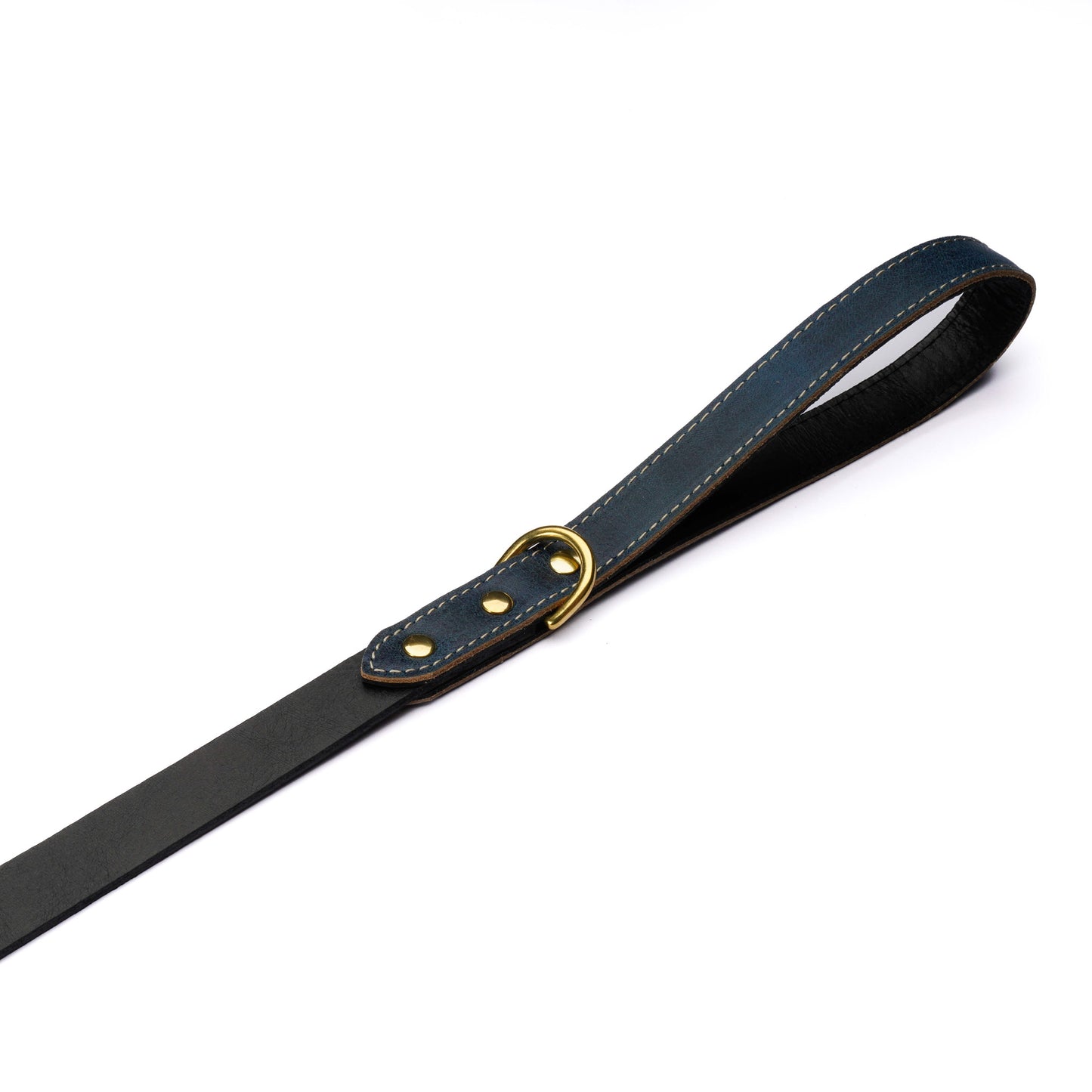 Blue Leather Dog Leash – Handmade with Black Lead & Brass Hardware