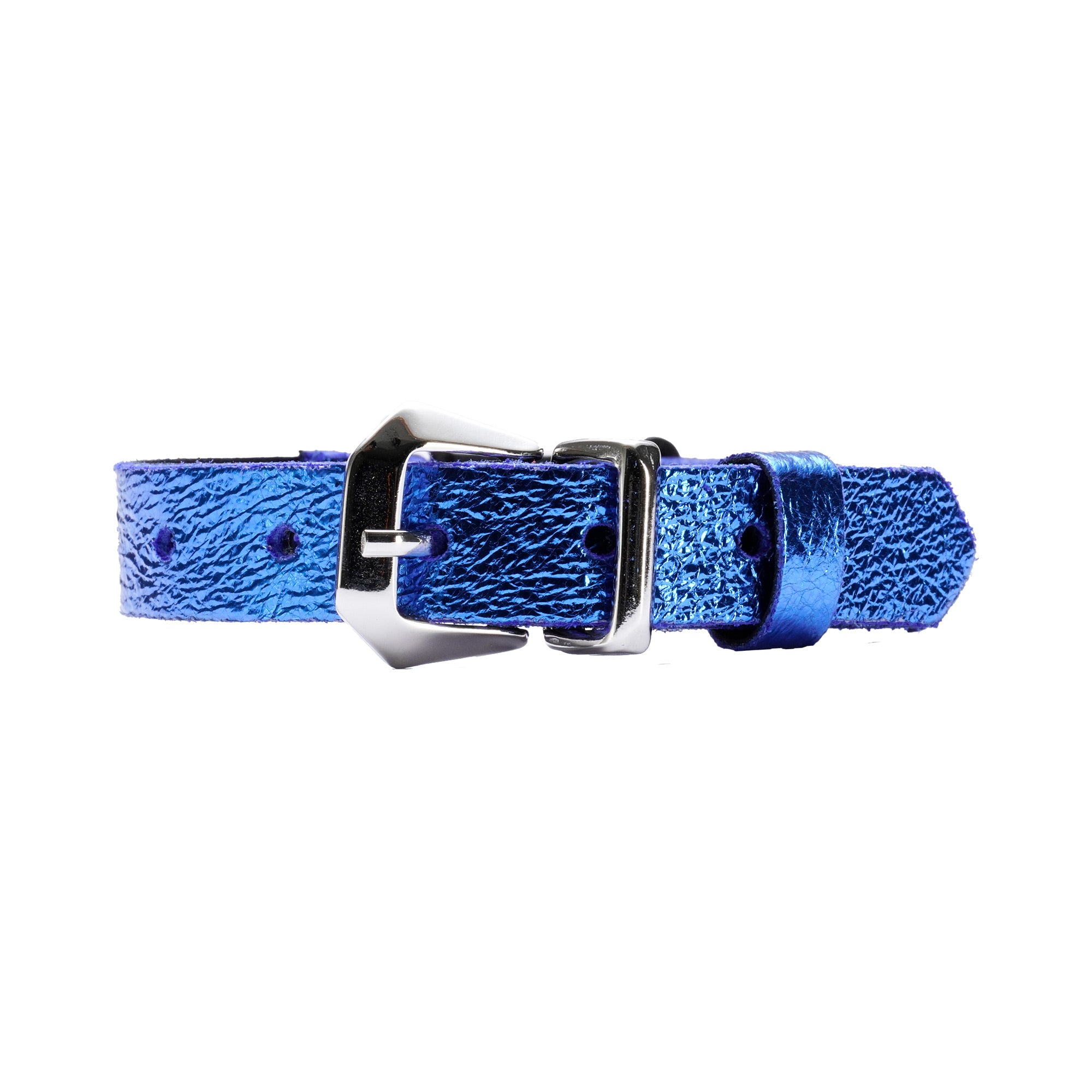 Blue Metallic Leather Cat Collar - Handmade with Breakaway Safety Buckle